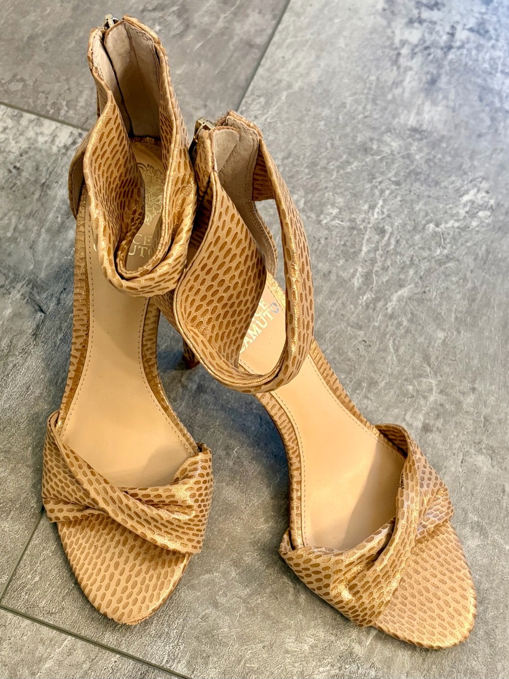 Vince Camuto Tan Textured Knot Ankle-Strap Heels